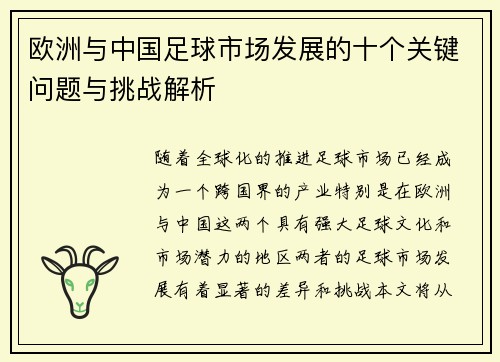 欧洲与中国足球市场发展的十个关键问题与挑战解析