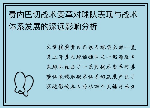 费内巴切战术变革对球队表现与战术体系发展的深远影响分析