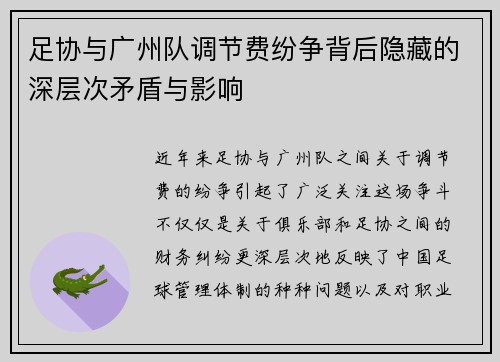 足协与广州队调节费纷争背后隐藏的深层次矛盾与影响 足协与广州队调节费纷争背后隐藏的深层次矛盾与影响